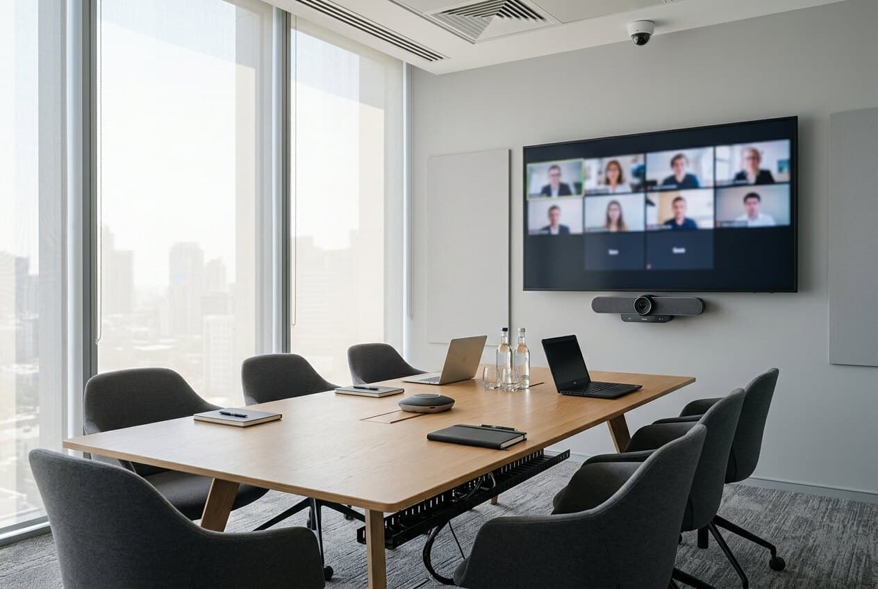 Sala de reuniones con pantalla de videoconferencia y cámara de videovigilancia