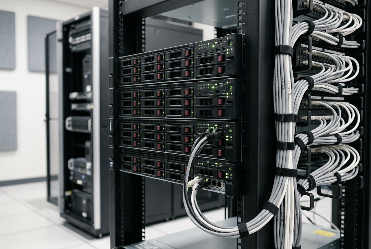 Servidores y almacenamiento montados en un rack con el cableado ordenado
