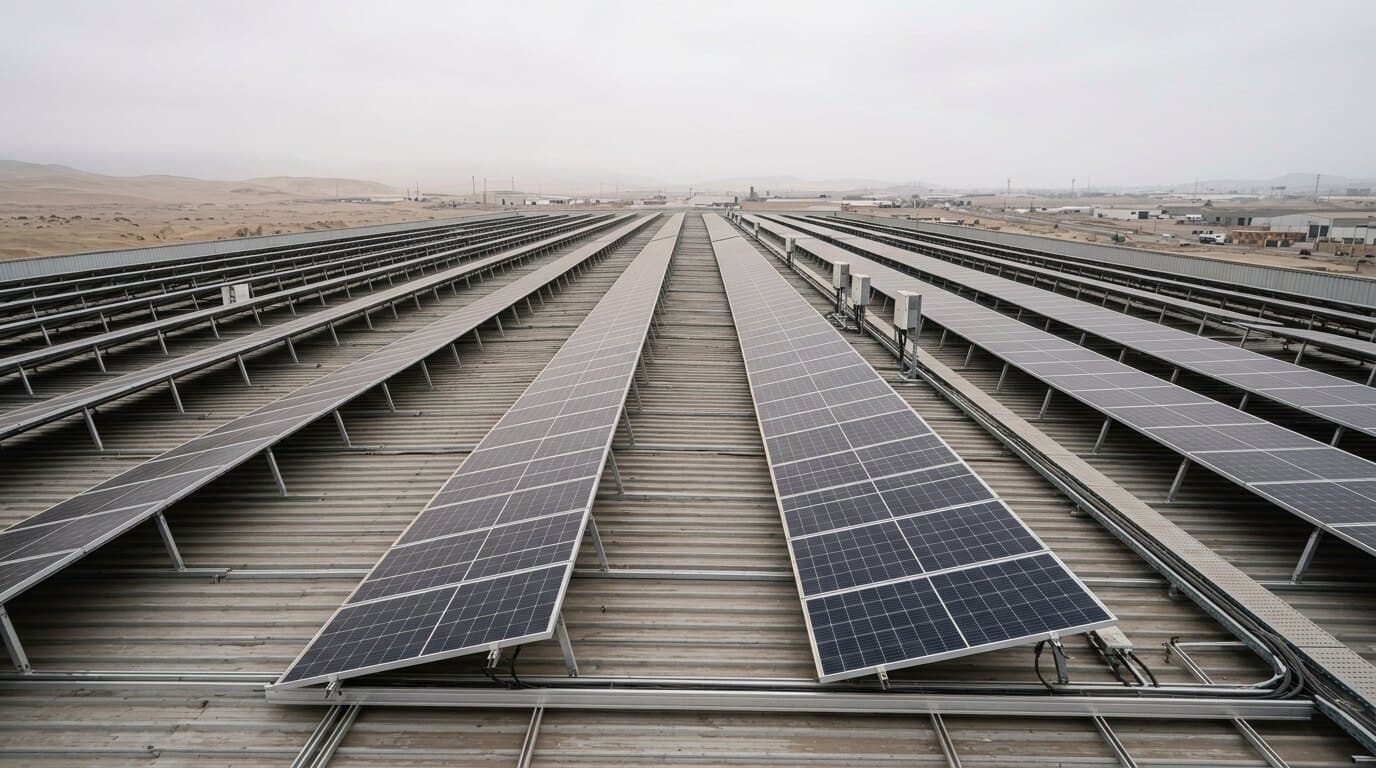 Paneles solares sobre el techo de una nave industrial